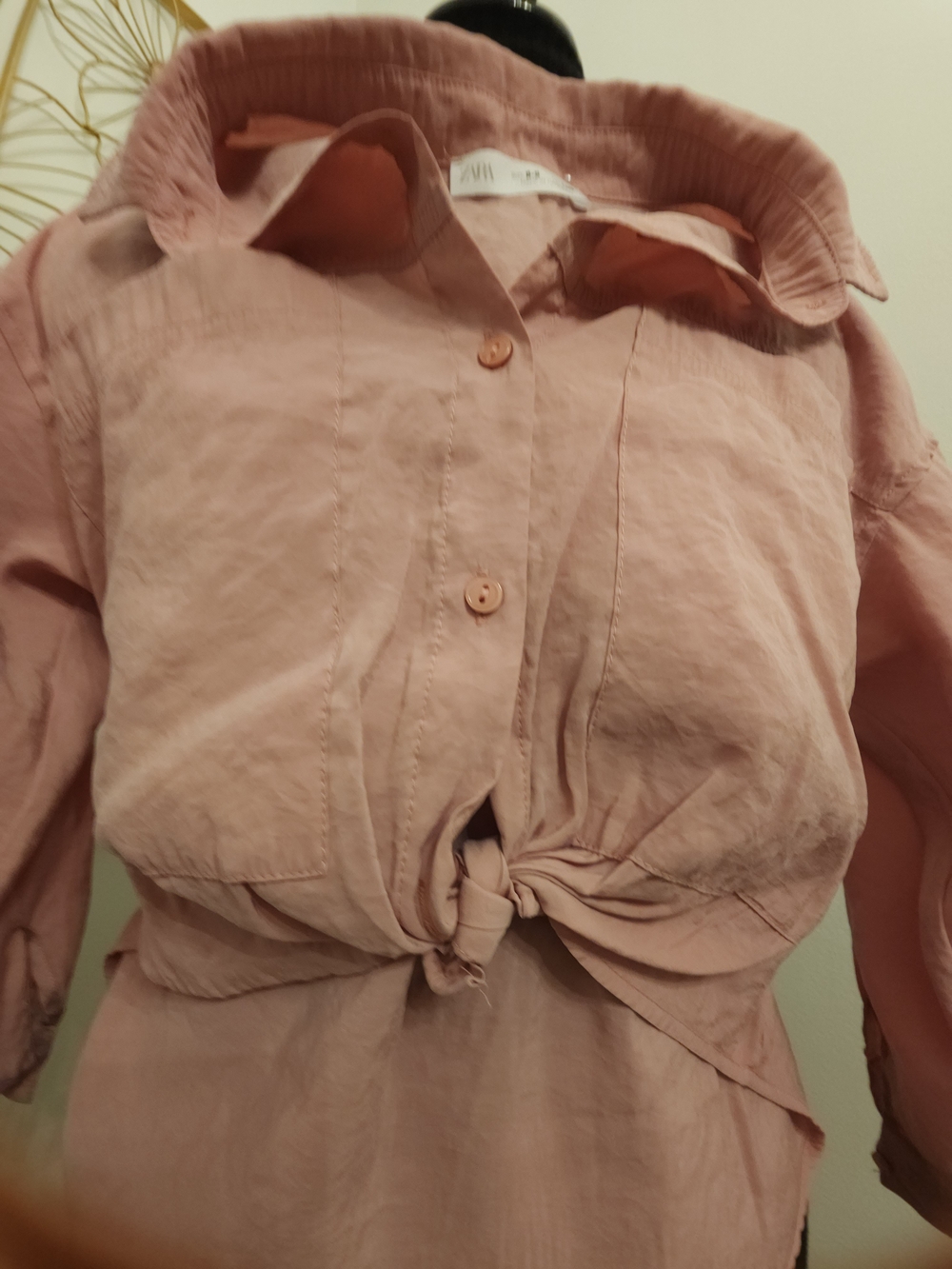 Zara Dusty Pink Button-Front Shirt with Tie Waist